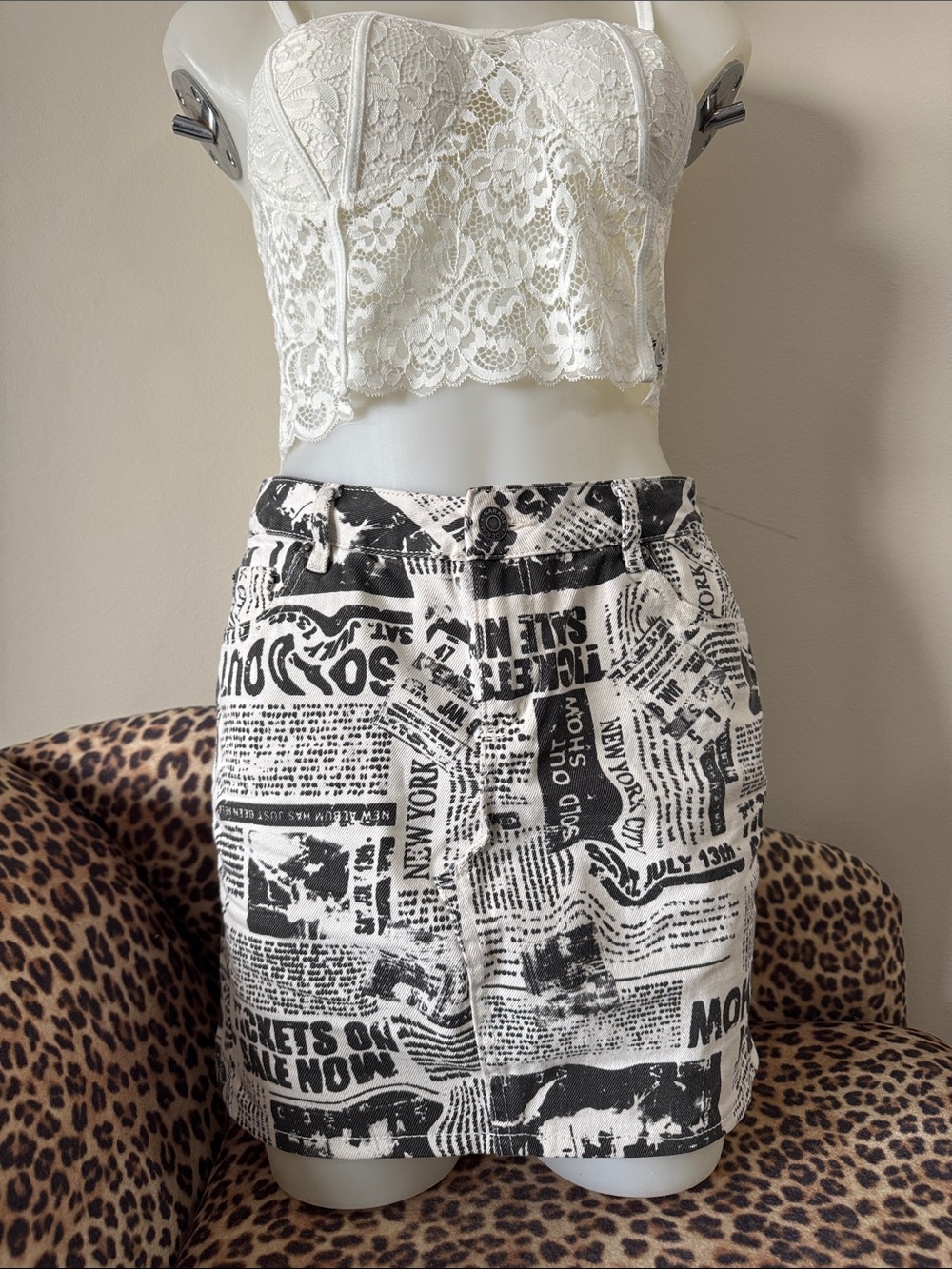 Garage Grunge Black and White Newspaper-Print Mini Skirt